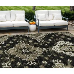 Photo of Black Ivory And Taupe Medallion Washable Indoor Outdoor Area Rug