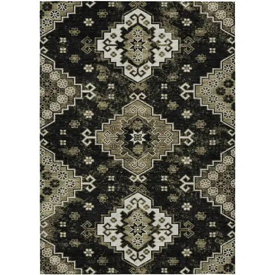 Black Ivory And Taupe Medallion Washable Indoor Outdoor Area Rug Photo 2