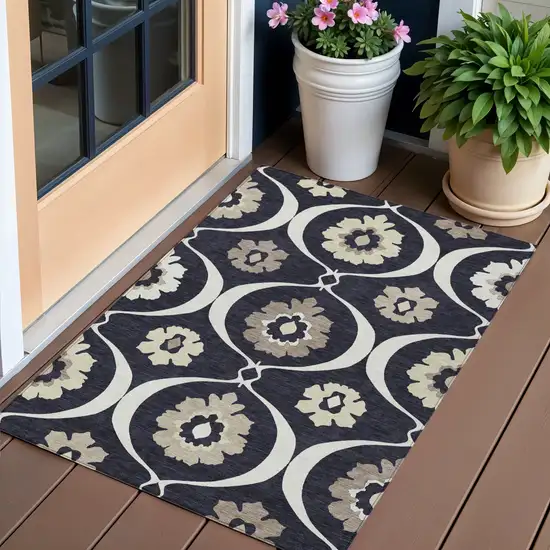 Black Ivory And Taupe Medallion Washable Indoor Outdoor Area Rug Photo 1