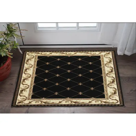 3'X5' Black Machine Woven Hand Carved Fleur De Lis Indoor Area Rug Photo 1