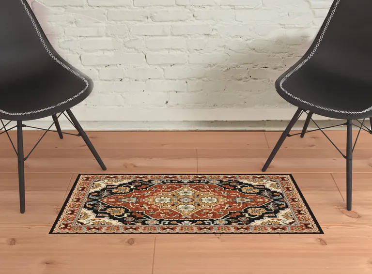 Black Orange And Beige Oriental Power Loom Stain Resistant Area Rug With Fringe Photo 3