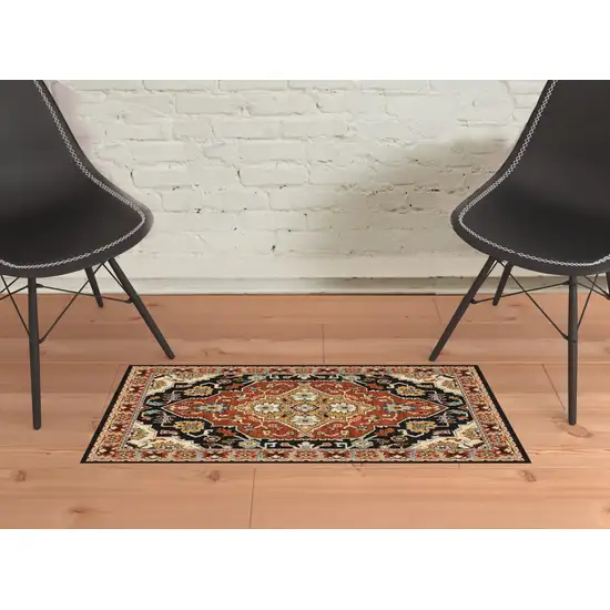 Black Orange And Beige Oriental Power Loom Stain Resistant Area Rug With Fringe Photo 3