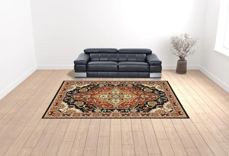 Black Orange And Beige Oriental Power Loom Stain Resistant Area Rug With Fringe Photo 3