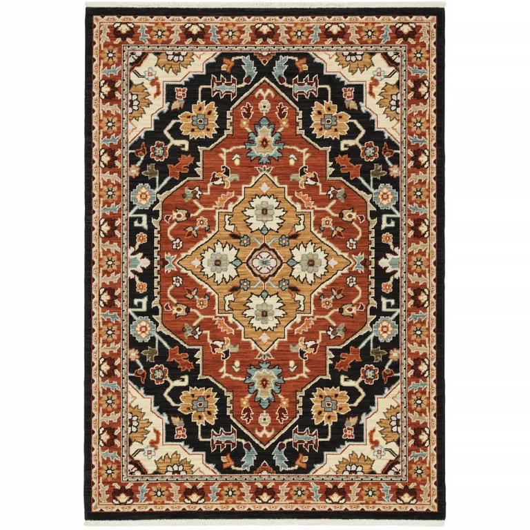 Black Orange And Beige Oriental Power Loom Stain Resistant Area Rug With Fringe Photo 1