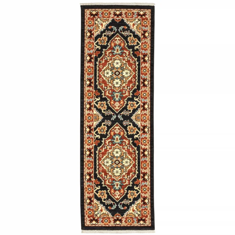 Black Orange And Beige Oriental Power Loom Stain Resistant Runner Rug With Fringe Photo 1