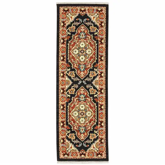 Black Orange And Beige Oriental Power Loom Stain Resistant Runner Rug With Fringe Photo 2