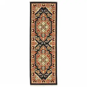 Photo of Black Orange And Beige Oriental Power Loom Stain Resistant Runner Rug With Fringe