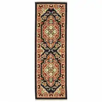 Photo of Black Orange And Beige Oriental Power Loom Stain Resistant Runner Rug With Fringe