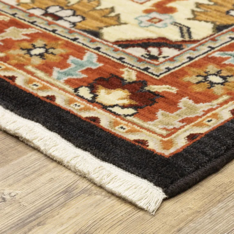 Black Orange And Beige Oriental Power Loom Stain Resistant Runner Rug With Fringe Photo 5