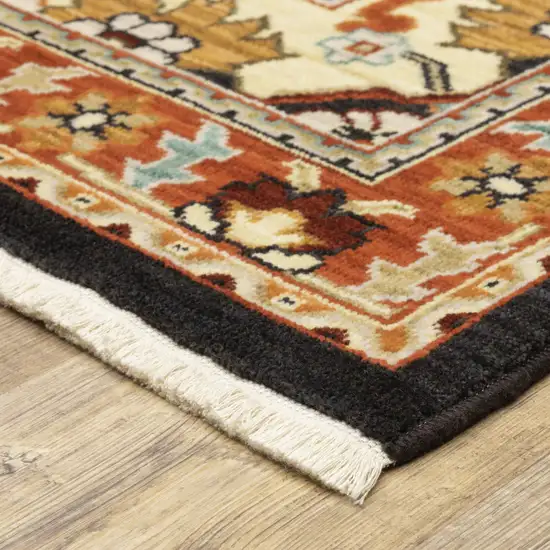 Black Orange And Beige Oriental Power Loom Stain Resistant Runner Rug With Fringe Photo 6