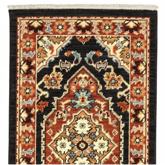 2' X 6' Black Orange And Beige Oriental Power Loom Stain Resistant Runner Rug With Fringe Photo 6