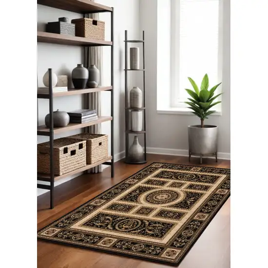 Beige and Black Oriental Power Loom Area Rug Photo 1