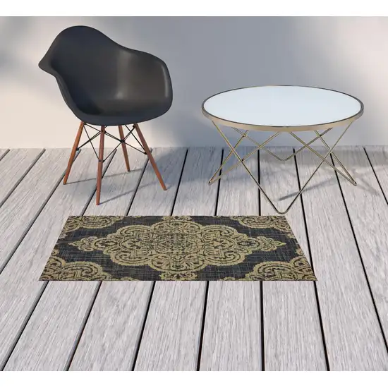 Black Oriental Stain Resistant Indoor Outdoor Area Rug Photo 2