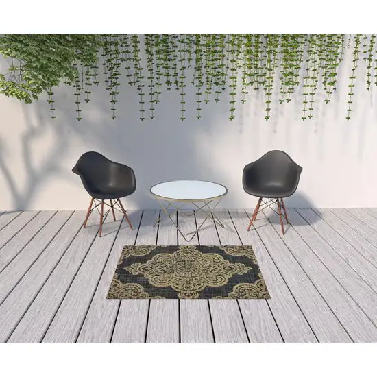 Black Oriental Stain Resistant Indoor Outdoor Area Rug Photo 2