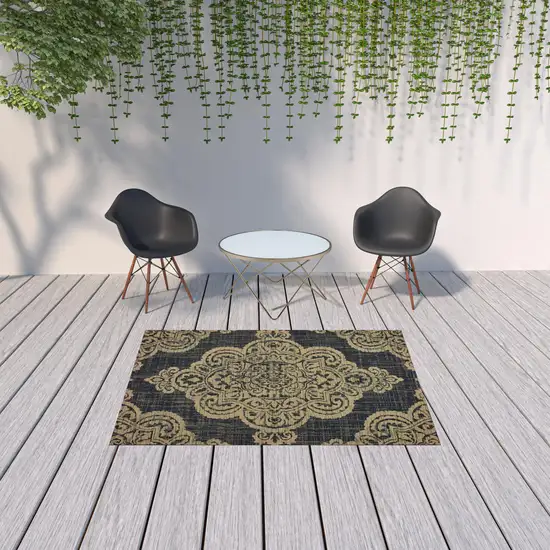 Black Oriental Stain Resistant Indoor Outdoor Area Rug Photo 2