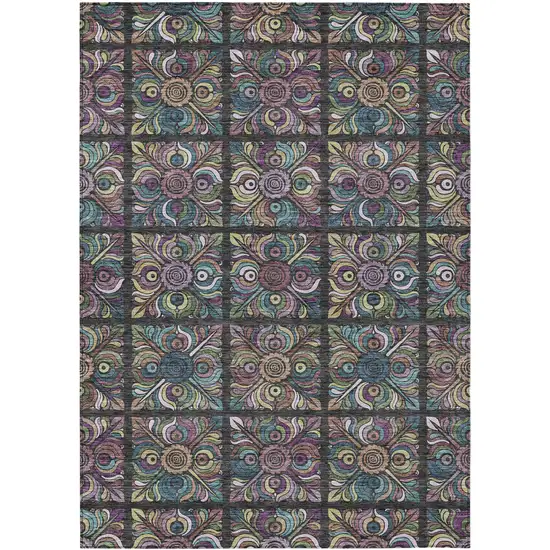 Black Purple And Teal Blue Medallion Washable Indoor Outdoor Area Rug Photo 2