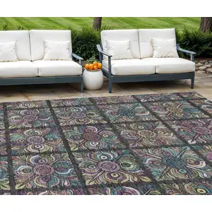 Photo of Black Purple And Teal Blue Medallion Washable Indoor Outdoor Area Rug