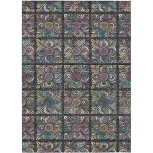 Photo of Black Purple And Teal Blue Medallion Washable Indoor Outdoor Area Rug