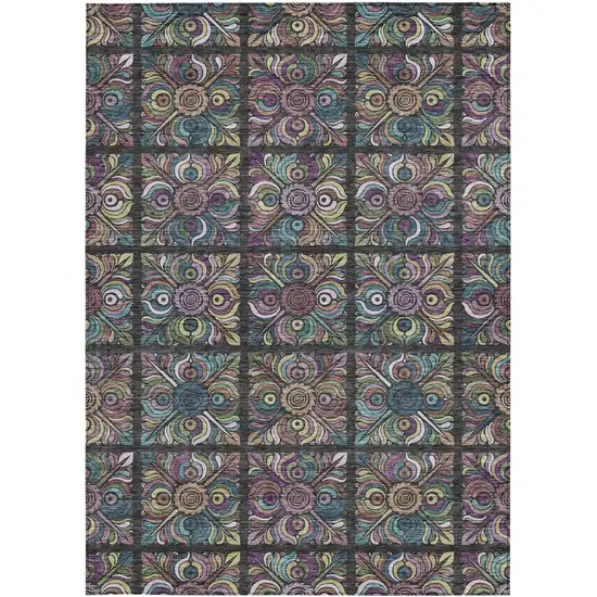 Black Purple And Teal Blue Medallion Washable Indoor Outdoor Area Rug Photo 7