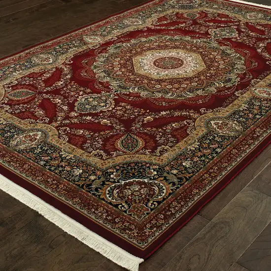 Black Red And Tan Medallion Area Rug With Fringe Photo 7