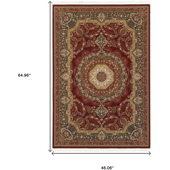 Black Red And Tan Medallion Area Rug With Fringe Photo 3