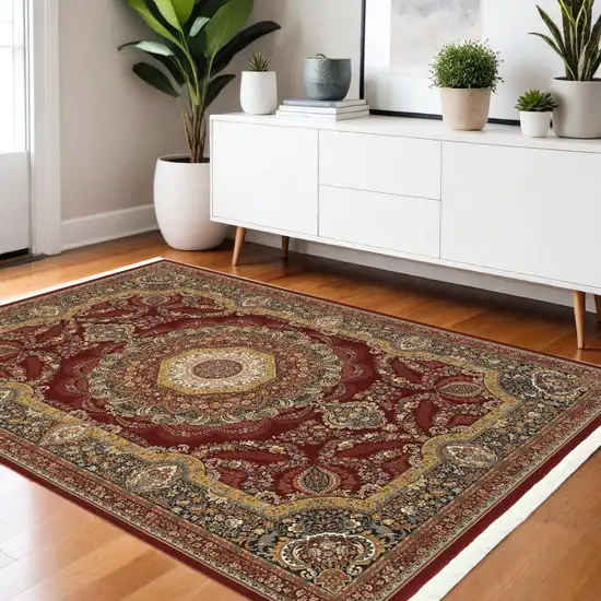 Black Red And Tan Medallion Area Rug With Fringe Photo 1