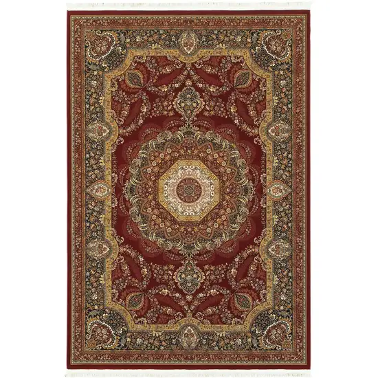 Black Red And Tan Medallion Area Rug With Fringe Photo 2