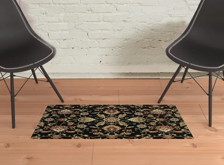 Black Red Green Ivory Salmon And Yellow Floral Power Loom Stain Resistant Area Rug Photo 2