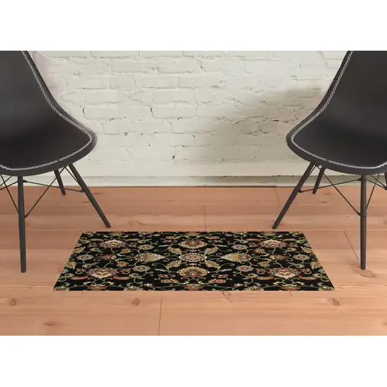 Black Red Green Ivory Salmon And Yellow Floral Power Loom Stain Resistant Area Rug Photo 2