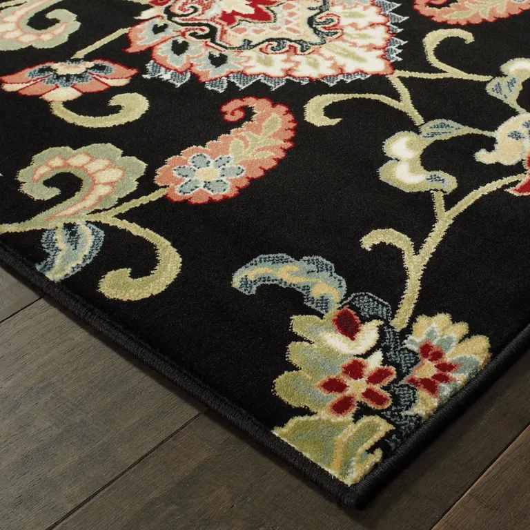 Black Red Green Ivory Salmon And Yellow Floral Power Loom Stain Resistant Area Rug Photo 3