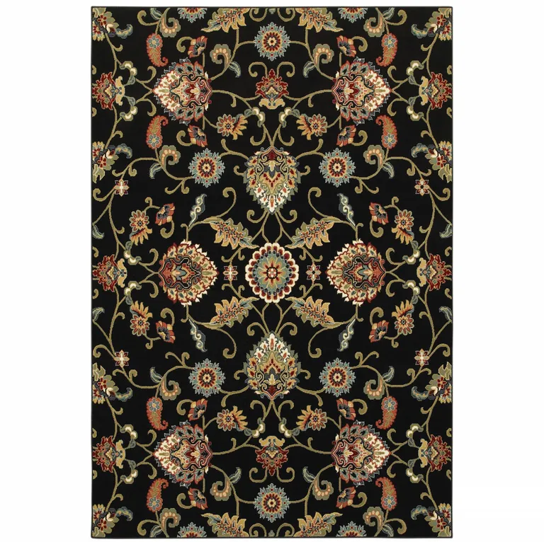 Black Red Green Ivory Salmon And Yellow Floral Power Loom Stain Resistant Area Rug Photo 1