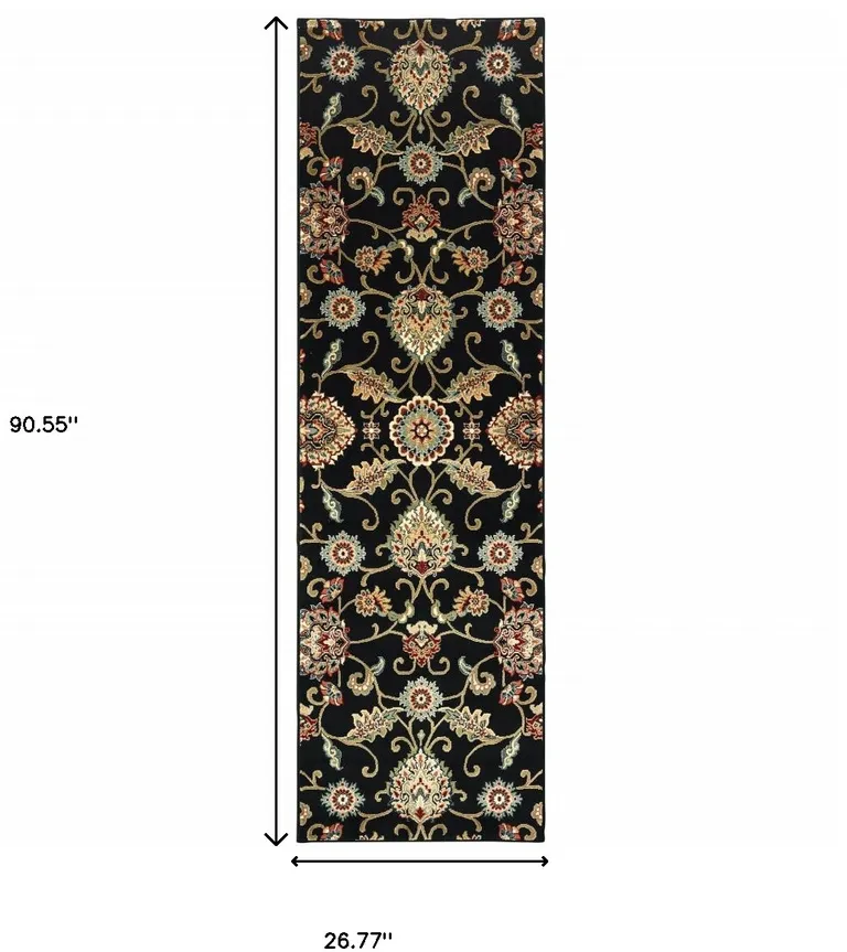 Black Red Green Ivory Salmon And Yellow Floral Power Loom Stain Resistant Runner Rug Photo 4