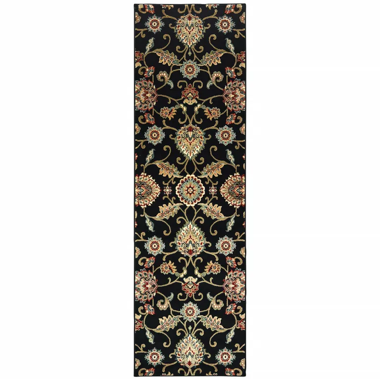 Black Red Green Ivory Salmon And Yellow Floral Power Loom Stain Resistant Runner Rug Photo 1