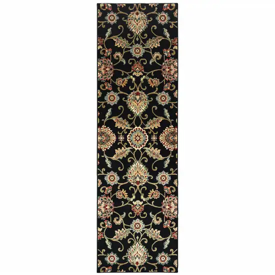 Black Red Green Ivory Salmon And Yellow Floral Power Loom Stain Resistant Runner Rug Photo 1