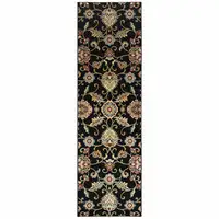 Photo of Black Red Green Ivory Salmon And Yellow Floral Power Loom Stain Resistant Runner Rug