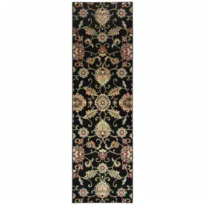 Photo of Black Red Green Ivory Salmon And Yellow Floral Power Loom Stain Resistant Runner Rug