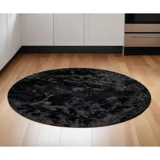 6' X 6' Black Round Faux Fur Washable Non Skid Area Rug Photo 1