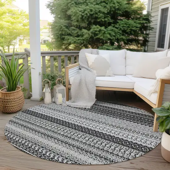 8' Black Round Striped Washable Indoor Outdoor Area Rug Photo 7