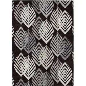 Photo of Black Silver And Charcoal Floral Washable Indoor Outdoor Area Rug