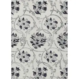 Photo of Black Silver And Charcoal Floral Washable Indoor Outdoor Area Rug