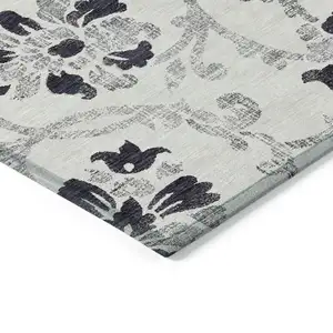 Photo of Black Silver And Charcoal Floral Washable Indoor Outdoor Area Rug