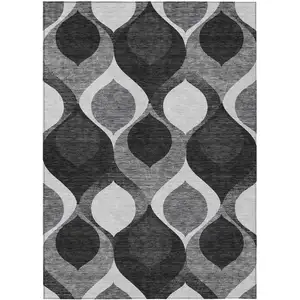 Photo of Black Silver And Charcoal Ogee Washable Indoor Outdoor Area Rug