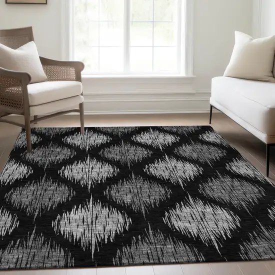 Black Silver And Gray Ikat Washable Indoor Outdoor Area Rug Photo 9