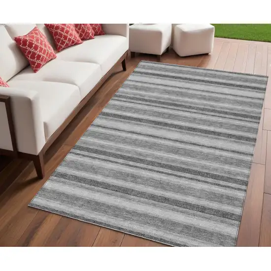 Black Silver and Gray Striped Washable Indoor Outdoor Area Rug Photo 1