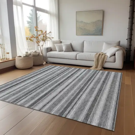 Black Silver and Gray Striped Washable Indoor Outdoor Area Rug Photo 8