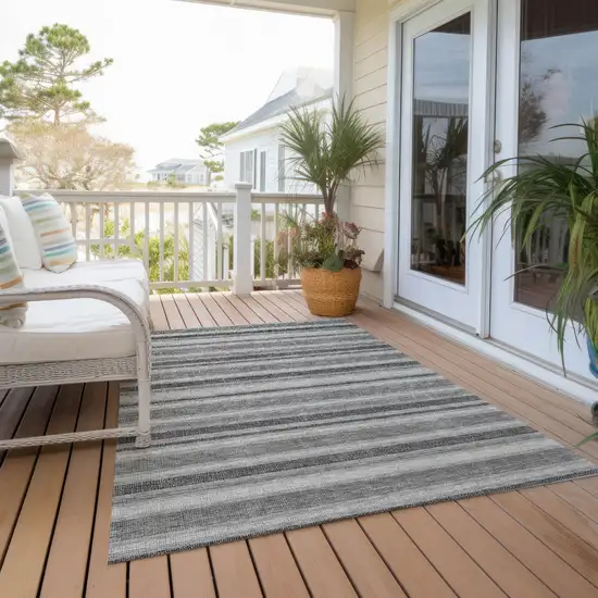 Black Silver and Gray Striped Washable Indoor Outdoor Area Rug Photo 6