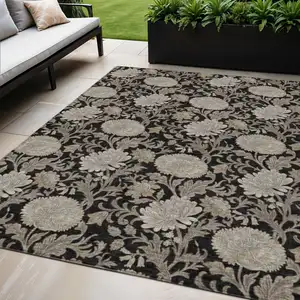 Photo of Black Taupe And Beige Floral Washable Indoor Outdoor Area Rug