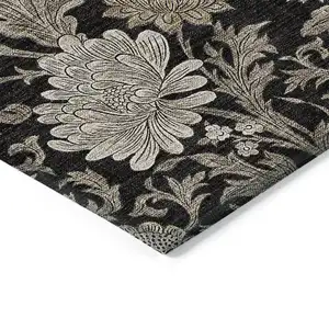 Photo of Black Taupe And Beige Floral Washable Indoor Outdoor Area Rug