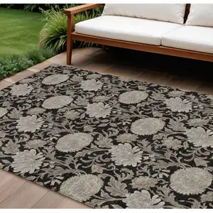 Photo of Black Taupe And Beige Floral Washable Indoor Outdoor Area Rug