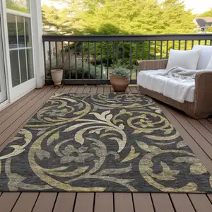 Photo of Black Taupe And Gold Floral Washable Indoor Outdoor Area Rug